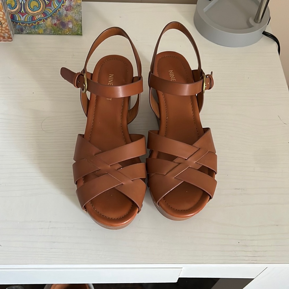 Nine West Cognac Wedge Sandals 8.5